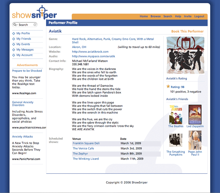 Web design for ShowSniper, a service to connect musicians & booking agents.