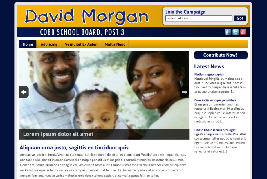 Website design and custom wordpress template implementation for a political website for David Morgan.