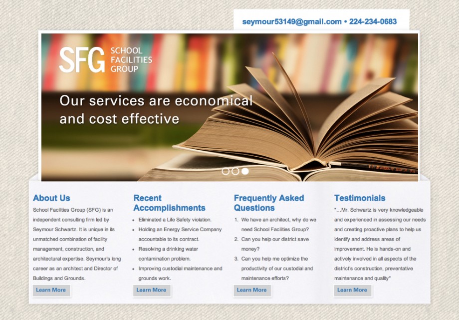 A custom consultant Wordpress theme for School Facilities Group, in Chicago, Illinois.