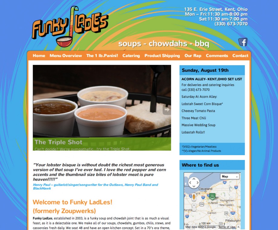 Custom Wordpress restaurant theme for Funky Ladles, a soup restaurant in Kent, Ohio.