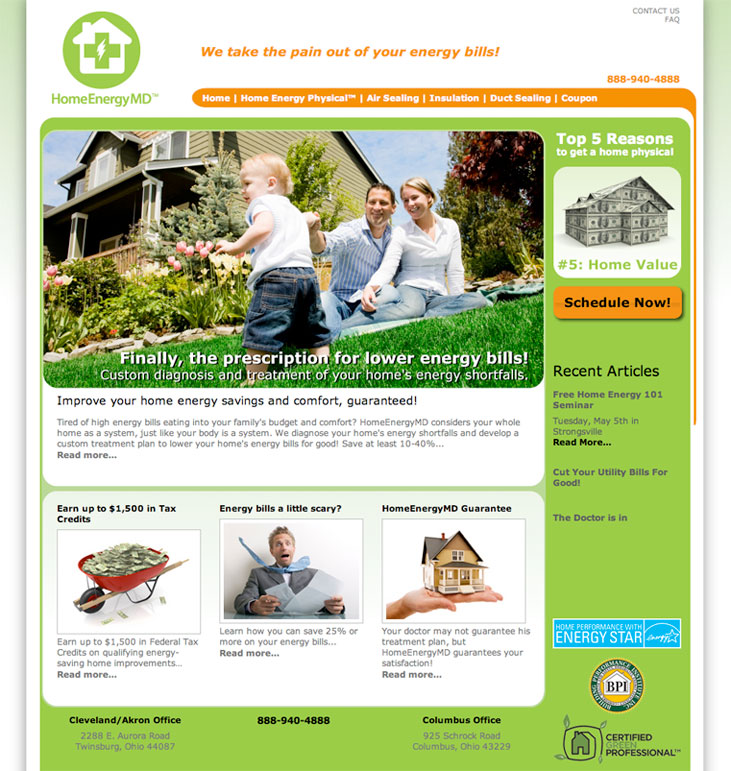 Web site design for Home Energy MD, a home energy audit company in Twinsburg, Ohio.