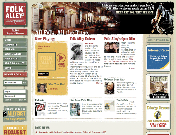 Web site design for Folk Alley, an online 24-hour folk radio station.