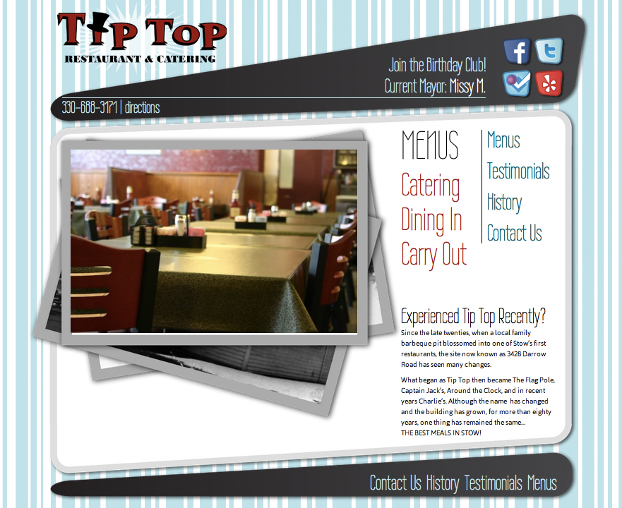 Custom Wordpress restaurant template design for Tip-Top, a diner in Stow, Ohio.